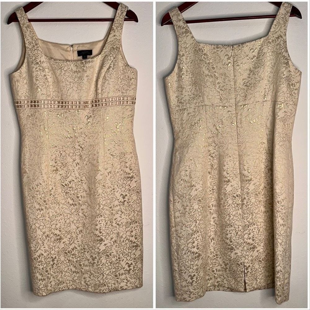 Tahari Womens 10 Rare Cream & Gold Jacquard Elegant Sleeveless Cocktail Dress‎